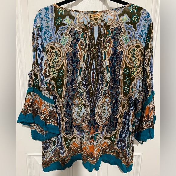 Bila Womens Teal Boho Cold Shoulder Crinkle Blouse with Paisley Print size XL - Picture 15 of 15